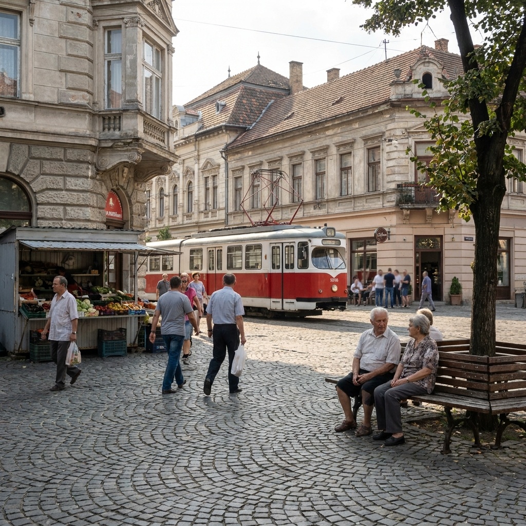 Arad city square with a tram and pedestrians