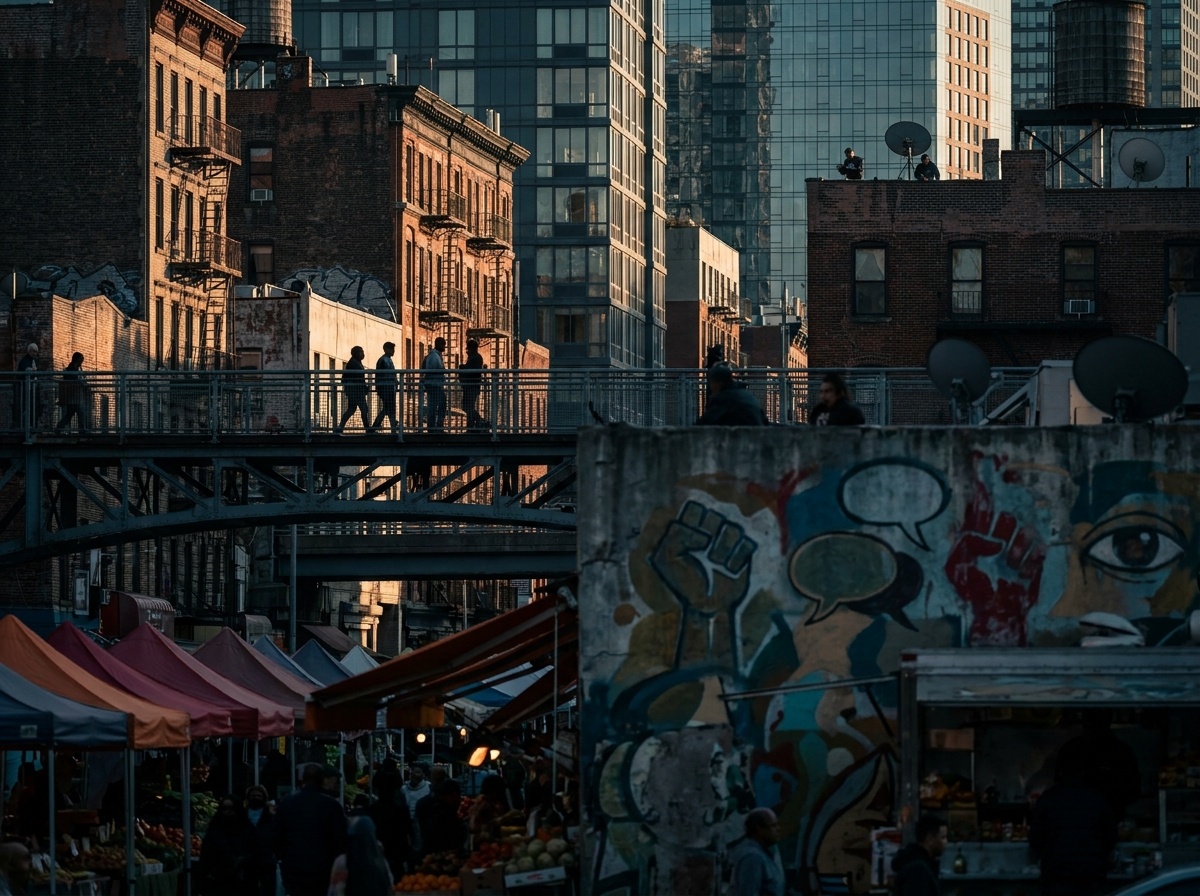 Urban street scene with a pedestrian bridge and market